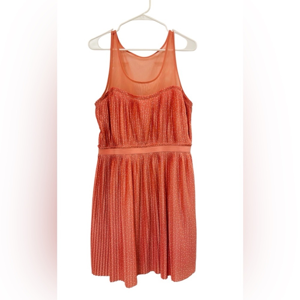 LC Lauren Conrad Pleat Sheer Coral Polka Dress